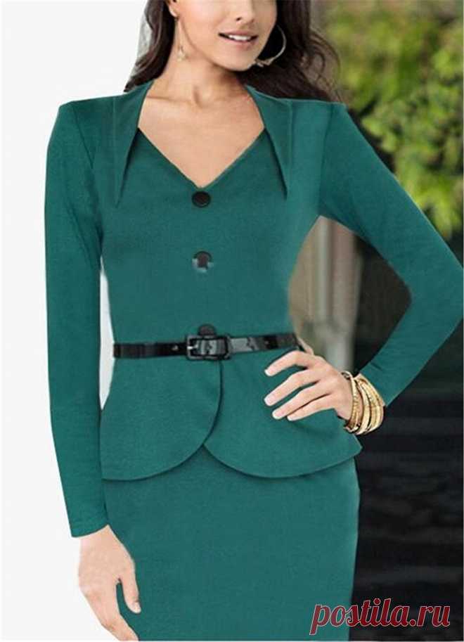 Aimur Women Vintage V-Neck Long Sleeve Slim Business Bodycon Pencil Dress Green at Amazon Women’s Clothing store: