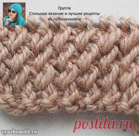 Интересная резинка спицами Описанная резинка хороша не только для шапочек. Она может быть и отделкой к различным трикотажным изделиям для улицы. Техника вывязывания красивой резинки. Набираем петли количеством кратным 5 (кроме кромочных). Нужно учесть, что образец содержит нечетное число «пятерок», и всё описание ориентировано на такое количество. Если у вас таких групп получается четное число, то нужно будет делать сдвиг на одну петлю. Поэтому лучше сначала провяжите обра...