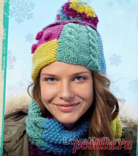 Цветная шапка и шарф в стиле пэчворк схема спицами » Люблю Вязать