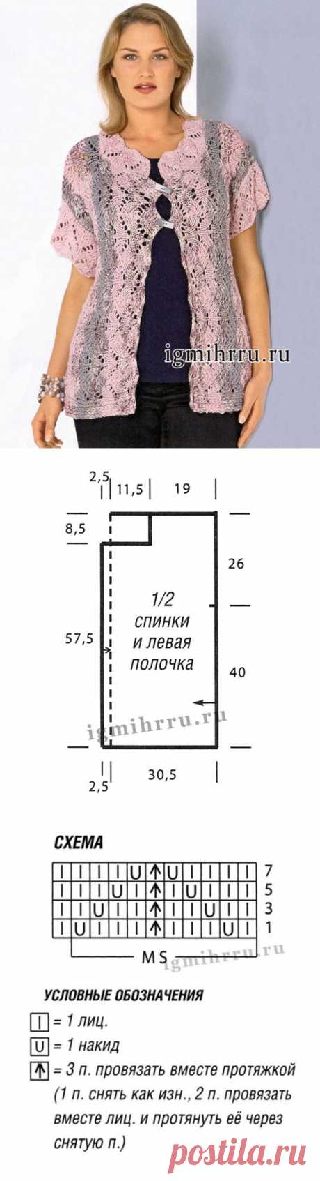 Розово-серый жилет с арочными узорами, связанный поперек. Вязание спицами