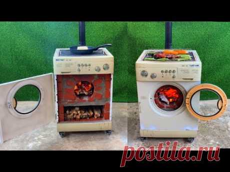 Многофункциональная дровяная печь _ Креативная идея из цемента и старой стиральной машины