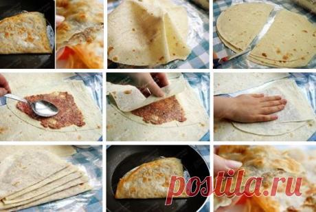 Ленивые чебуреки
Получилось настолько вкусно, что даже не ожидала! А главное - быстро!
Понадобятся тонкие лаваши. Они могут быть меньше или больше диаметром - неважно. Можно обрезать под нужный размер.
Главное, чтобы они были тонкие!
