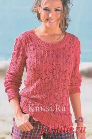 Ажурный пуловер с широкой планкой. Вязание для женщин / Пуловеры / Спицами