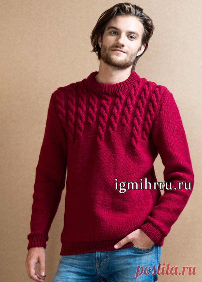 Теплый мужской пуловер бордового цвета с узорами из кос. Вязание спицами для мужчин