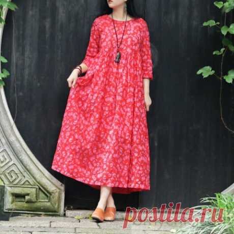 Italian red print cotton tunics for women Korea Fabrics o neck pockets Robe Summer Dresses - Summer Dresses
