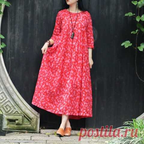 Italian red print cotton tunics for women Korea Fabrics o neck pockets Robe Summer Dresses - Summer Dresses