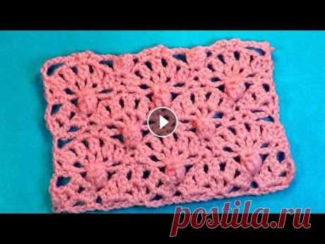 Ажурный узор с прямым и обратным попкорном В этом ажурном узоре веерочки сочетаются с попкорном. В лицевых рядах вяжут обычный попкорн, а в изнаночных нужно выполнять обратный попкорн. При вяза...