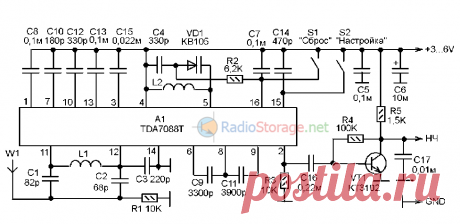 УКВ-FM радиоприемник с кнопочной настройкой (TDA7088T) Схема простого УКВ приемника - приставки на микросхеме TDA7088T для встраивания в электронную аппаратуру, цифровая настройка на станции.