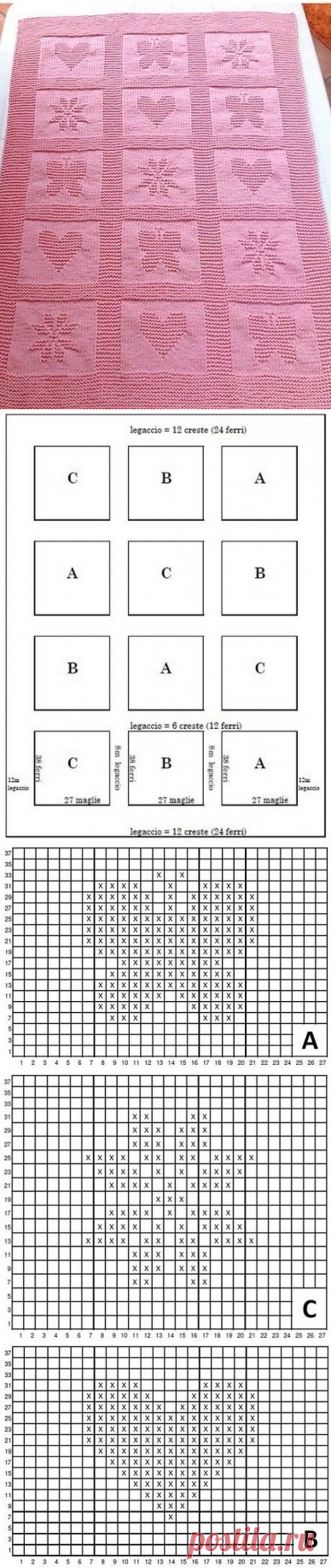 Детский плед из квадратных мотивов, связан спицами изнаночными и лицевыми петлями