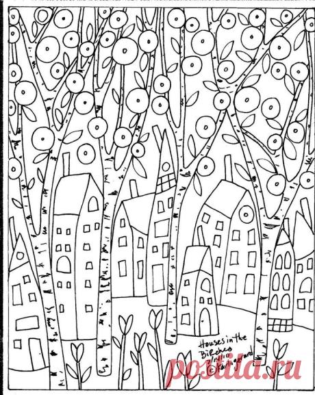 RUG HOOK PAPER PATTERN Houses In The Birches FOLK ART Abstract Primitive KARLA G