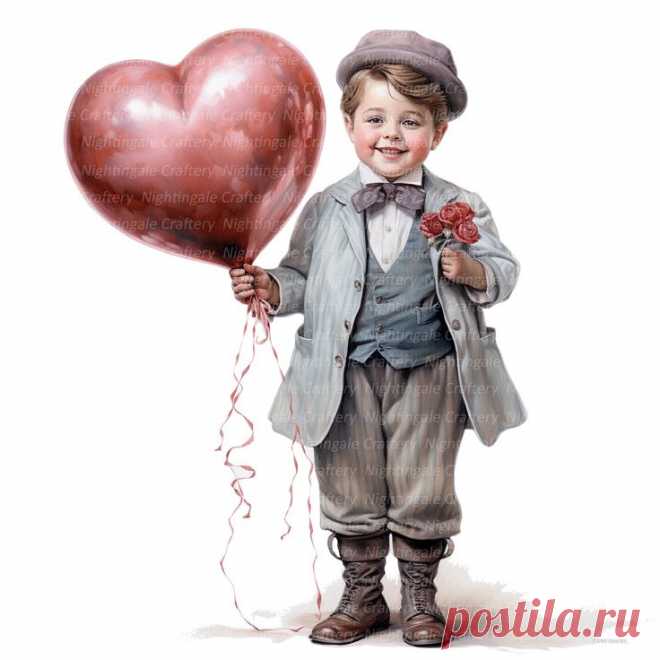 12 Victorian Boy With Balloon Clipart, Love, Printable Watercolor clipart, High Quality JPGs, Digital download, Paper craft, junk journal