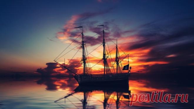 Обои корабль, на закате, парусник, сумерки, вечер, скачать обои, фото и картинки бесплатно