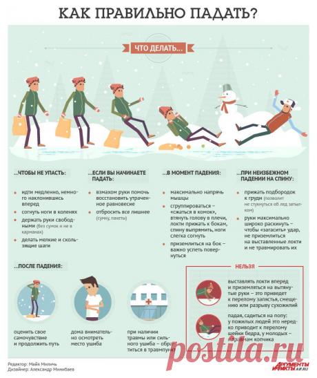 Как правильно падать?
К сложным травмам и серьёзным ушибам приводят не только неосторожность и слишком скользкая дорогая, но и неправильная походка, отсутствие сноровки и неверная траектория падения. Как научиться правильно падать?