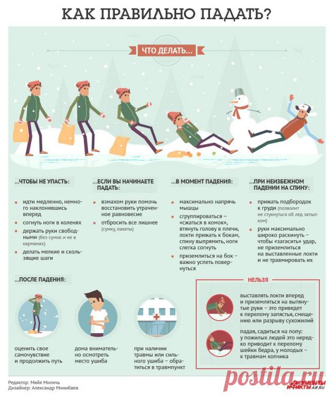Как правильно падать?
К сложным травмам и серьёзным ушибам приводят не только неосторожность и слишком скользкая дорогая, но и неправильная походка, отсутствие сноровки и неверная траектория падения. Как научиться правильно падать?