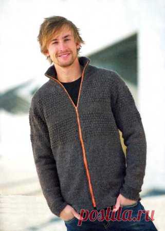 Мужской жакет на молнии Размеры: (XXS)XS(S)M(L)XL(XXL)Размеры готового изделия: обхват груди - (84)91(97)107(117)127(135) см, длина -(62)64(66)68(70)72(74) см, длина рукава -(44)47(49)50(50)51(52) см.Вам потребуется: пряжа Sandnes mini alpakka (100% альпака, 150 м/50 г) - (500)550(550)600(650)700(750) г серого цвета