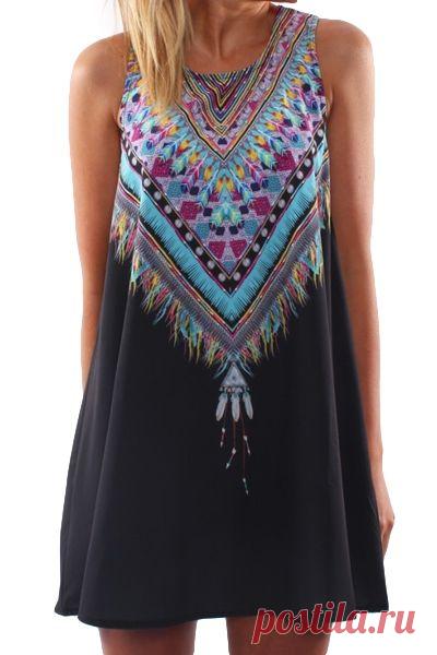 Jewel Neck Print Spliced Sundress BLACK: Print Dresses | ZAFUL