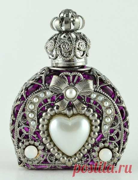 Hand Made Silver Tone Filigree Perfume Bottle Purple W Glass Heart…