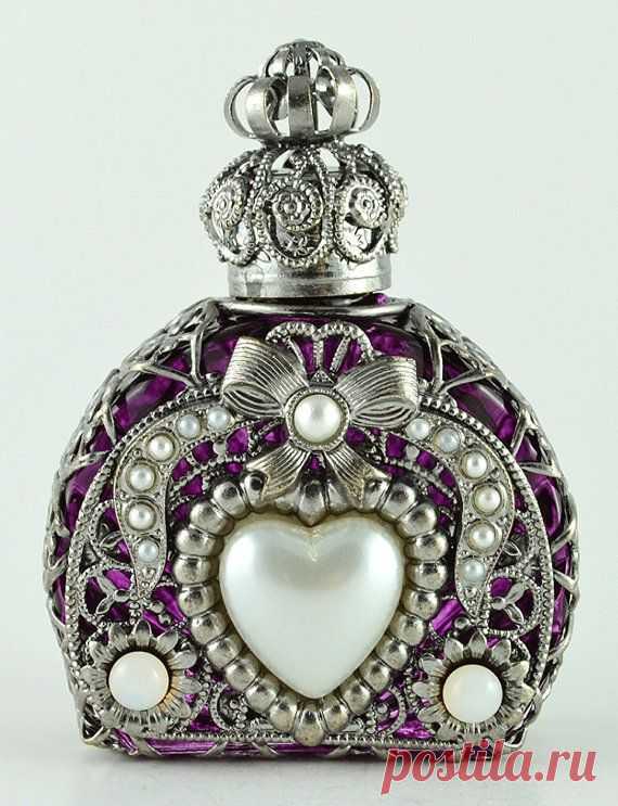 Hand Made Silver Tone Filigree Perfume Bottle Purple W Glass Heart…