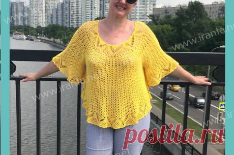 Ажурное пончо с рукавами на круглой кокетке крючком