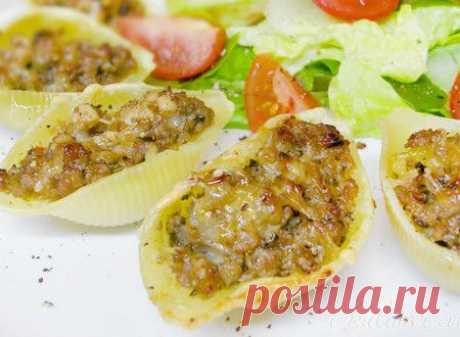 Ракушки с фаршем и грибами |