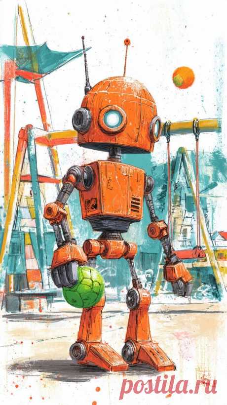 Оранжевый робот с антенной: игривое приключение на детской площадке. Нейросеть Midjourney - Midjourney примеры промтов - Форум ИИ о нейросетях - Yes Ai