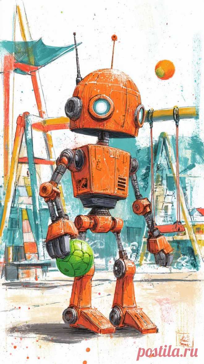 Оранжевый робот с антенной: игривое приключение на детской площадке. Нейросеть Midjourney - Midjourney примеры промтов - Форум ИИ о нейросетях - Yes Ai