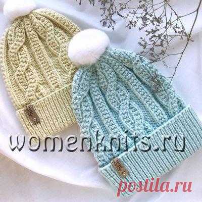 Шапка рельефными косами спицами