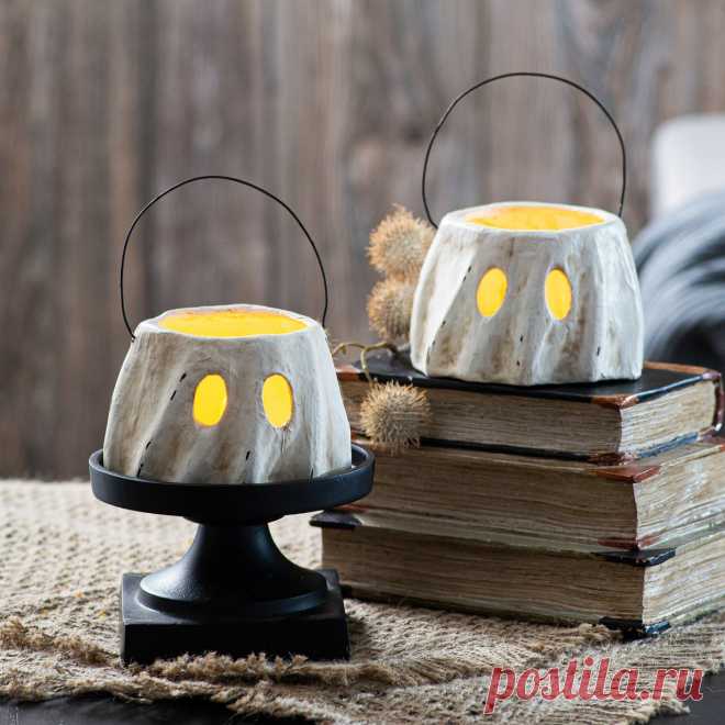 Paper Mache White Ghost Jack O' Lantern Luminaries with Wire Handle Halloween Decor  - Available in Two Sizes Sizes Small: 4.75