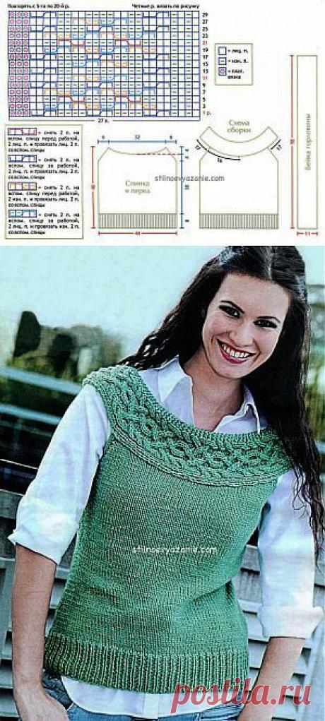 Зеленый жилет связанный спицами / Стильное вязание