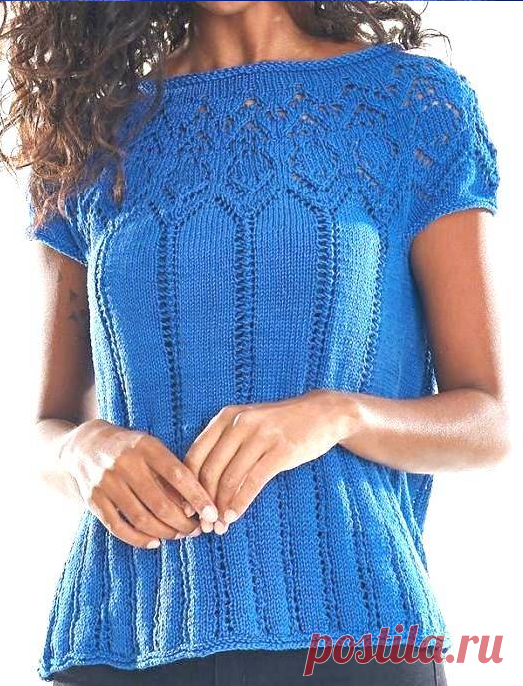 Топ спицами с кружевной кокеткой Ну очень уж понравился, может ещё кто то захочет такой связать. Размер: 42/44 Материалы: 3 мотка пряжи Charme na cor 2829 (Azul Bic), спицы 3.5 мм. Плотность вязания: 22 петли * 31 ряд = 10*10 см. Кокетка: набрать 144 петли. Соединить в круг.