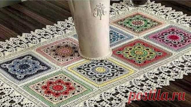 САЛФЕТКИ КРЮЧКОМ ИЗ ЦВЕТНЫХ МОТИВОВ - КВАДРАТНЫЕ, ПРЯМОУГОЛЬНЫЕ, САЛФЕТКИ-ДОРОЖКИ