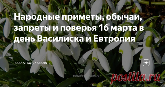 Народные приметы, обычаи, запреты и поверья 16 марта в день Василиска и Евтропия Какой праздник отмечается 16 марта в народном календаре. Василиск, Евтропий. Народные приметы на предстоящую погоду 16 марта. По народным приметам, если в день Евтропия гром прогремит, то скоро станет совсем тепло. Воробьи свои пёрышки перебирают - к потеплению. Синички звонко поют - к хорошей ясной погоде. Примечали, если снег у стволов деревьев тает и образует пологие края, то весна ненастна...