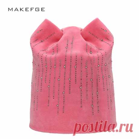 Новые зимние Для женщин шапочки кот шляпа Дамы теплый бархат Skullies Кепки с мигающими со стразами ушанке Обувь для девочек милые капот touca купить на AliExpress