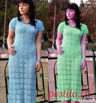 Голубое и нежно-зеленое платье круглыми мотивами.
Размер платья: 42/44.
Высокая степень сложности.
Схема основного мотива (54 шт.): пряжей нежно-голубого цвета в 2 сложения набрать цепочку из 6 в. п. и замкнуть в круг с помощью соед. ст. 1-й ряд: 5 в. п. (3 в. п. подъёма + 2 в. п.), 1 ст. с/н в получившееся кольцо, * 1 ст. с/н в кольцо, 2 в. п., 1 ст. с/н в кольцо *, повторить от * до * 6 раз. всего 8 раз. Ряд закончить соед. ст. Нить отрезать.
2-й ряд: присоединить пряжу ...