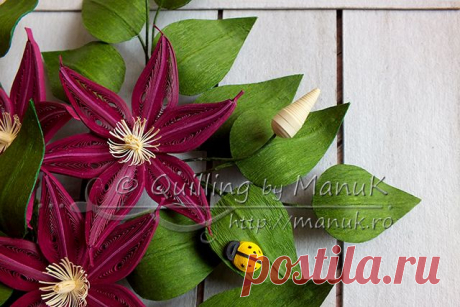 Quilled Clematis Flowers on a White Picket Fence - Quilling by ManuK