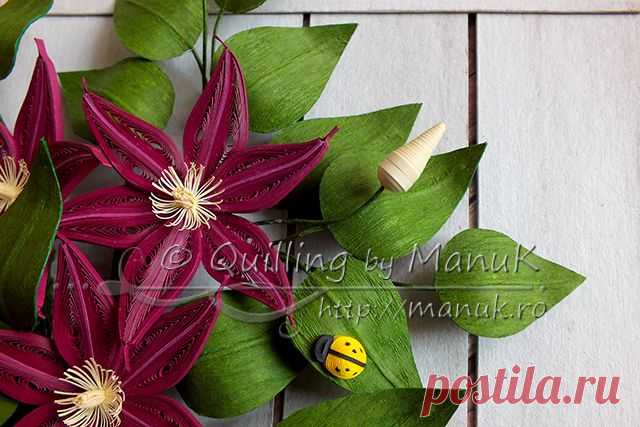 Quilled Clematis Flowers on a White Picket Fence - Quilling by ManuK