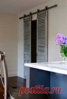 Use old shutters as beautiful rolling closet doors. So smart and pretty!