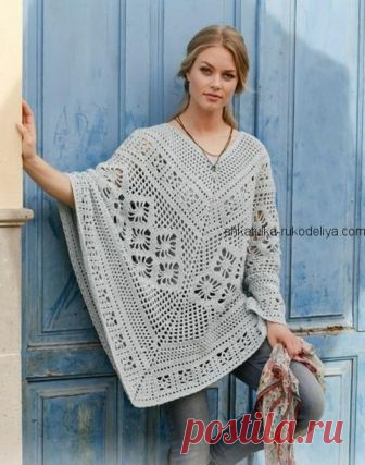 Ажурное пончо Очаровательная модель женского летнего пончо. Легкое женское пончо крючком со схемами Пряжа DROPS PARIS (100% хлопок, 50 г/75 м) 18-22-26 мотков цвета 29, крючок 4.5 мм…