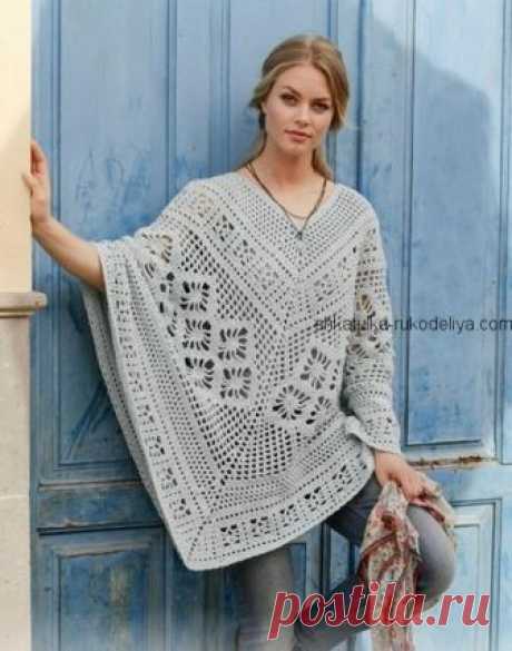 Ажурное пончо Очаровательная модель женского летнего пончо. Легкое женское пончо крючком со схемами Пряжа DROPS PARIS (100% хлопок, 50 г/75 м) 18-22-26 мотков цвета 29, крючок 4.5 мм…