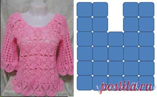 Ажурная розовая кофточка крючком из мотивов