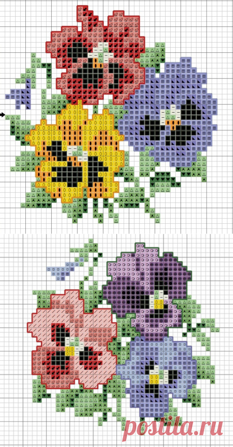 Вышитые мотивы с фиалками и анютиными глазками - миники (перенабор Вервако)