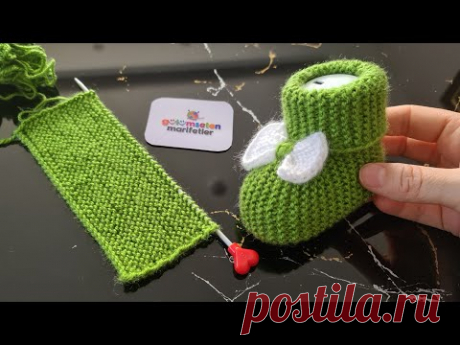 Knit Baby Booties with Green Yarn  (2 needle)