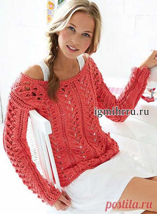 Ажурный пуловер цвета камелии. Вязание спицами