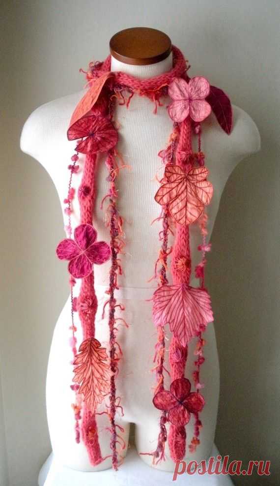 Long and Leafy Scarf with Embroidered Leaves- Bright Salmon with Orange, Thulian…