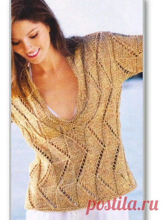 Вязание спицами. Описание женской модели со схемой и выкройкой. Пуловер с глубоким вырезом-поло и ажурными дорожками. Размеры: 38/40 (44/46)