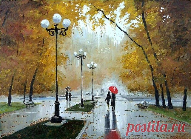 КРАСНЫЙ ЗОНТ  В ЖИВОПИСИ
А если алый я зонтик раскрою - 
Всё полыхнет пламенем красным! 
Радость свою я, конечно, не скрою, 
Может, и красный взяла не напрасно? !