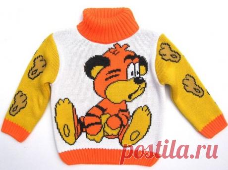 Вяжем детский свитер с тигром спицами. Детские вещи спицами Вяжем детский свитер с узором по схеме с описанием. Учимся вязать свитер для ребенка с узором по схеме. Как связать спицами детский свитер с узором "Тигр".