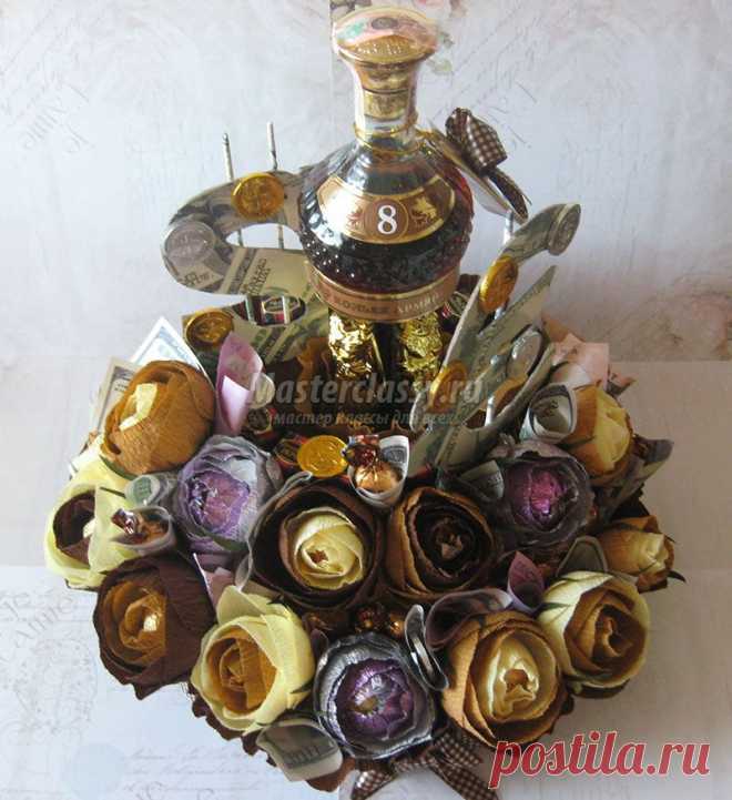Букет для мужчины из конфет и бутылки коньяка. Мастер-класс с фото