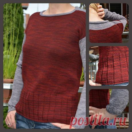 Пуловер цветными блоками, вязаный спицами сверху