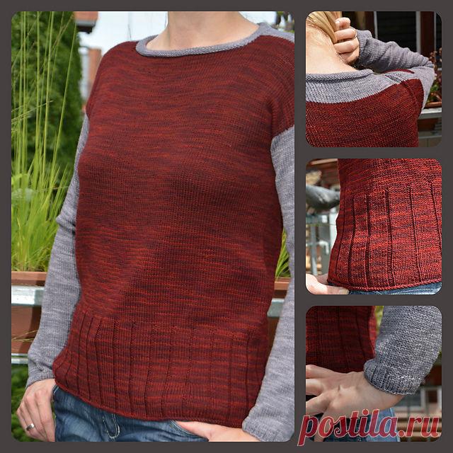 Пуловер цветными блоками, вязаный спицами сверху